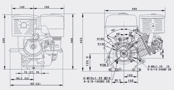 LIFAN 188 Benzinový motor 6.6kW (13Hp) převodovka pro mokré spojky 2:1 E-Start
