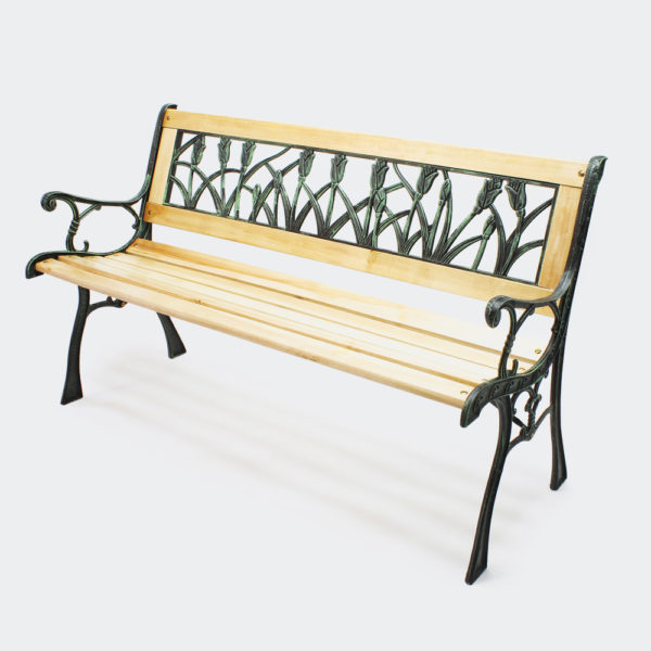 Zahradní lavička Ulrike vyrobená ze dřeva a litiny v provedení tulipánů