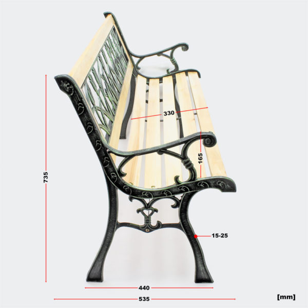 Zahradní lavička Ulrike vyrobená ze dřeva a litiny v provedení tulipánů