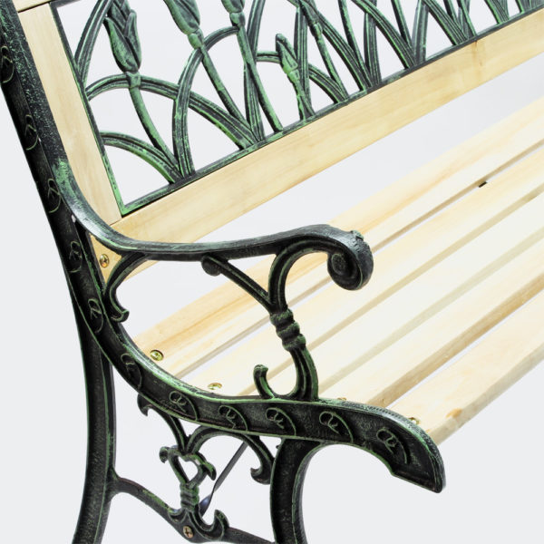 Zahradní lavička Ulrike vyrobená ze dřeva a litiny v provedení tulipánů