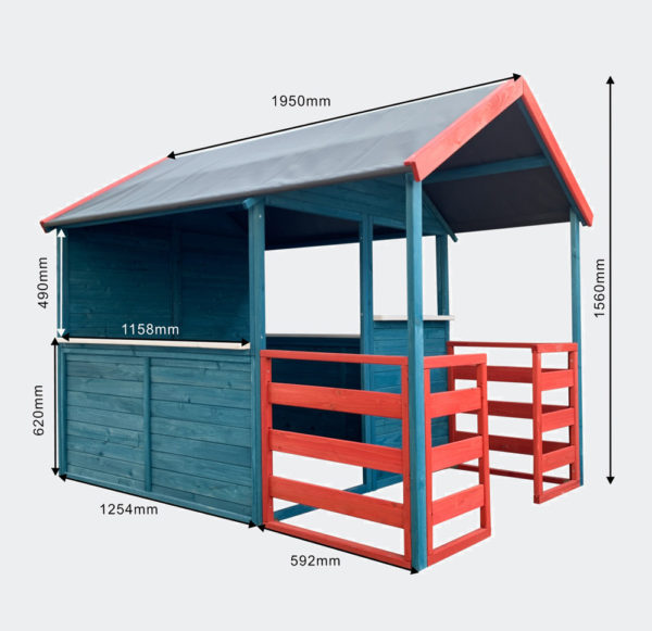 Dětský domeček XL 146x195x156cm, Obývací prostor a terasa, červeno/modrá