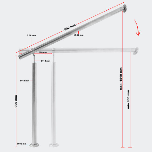 Broušený nerezový zábradlí s madlem 80cm bez příčných tyčí