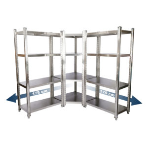 Sada rohové police z nerezové oceli, 1 rohový ks. & 2 police 90x50x155cm