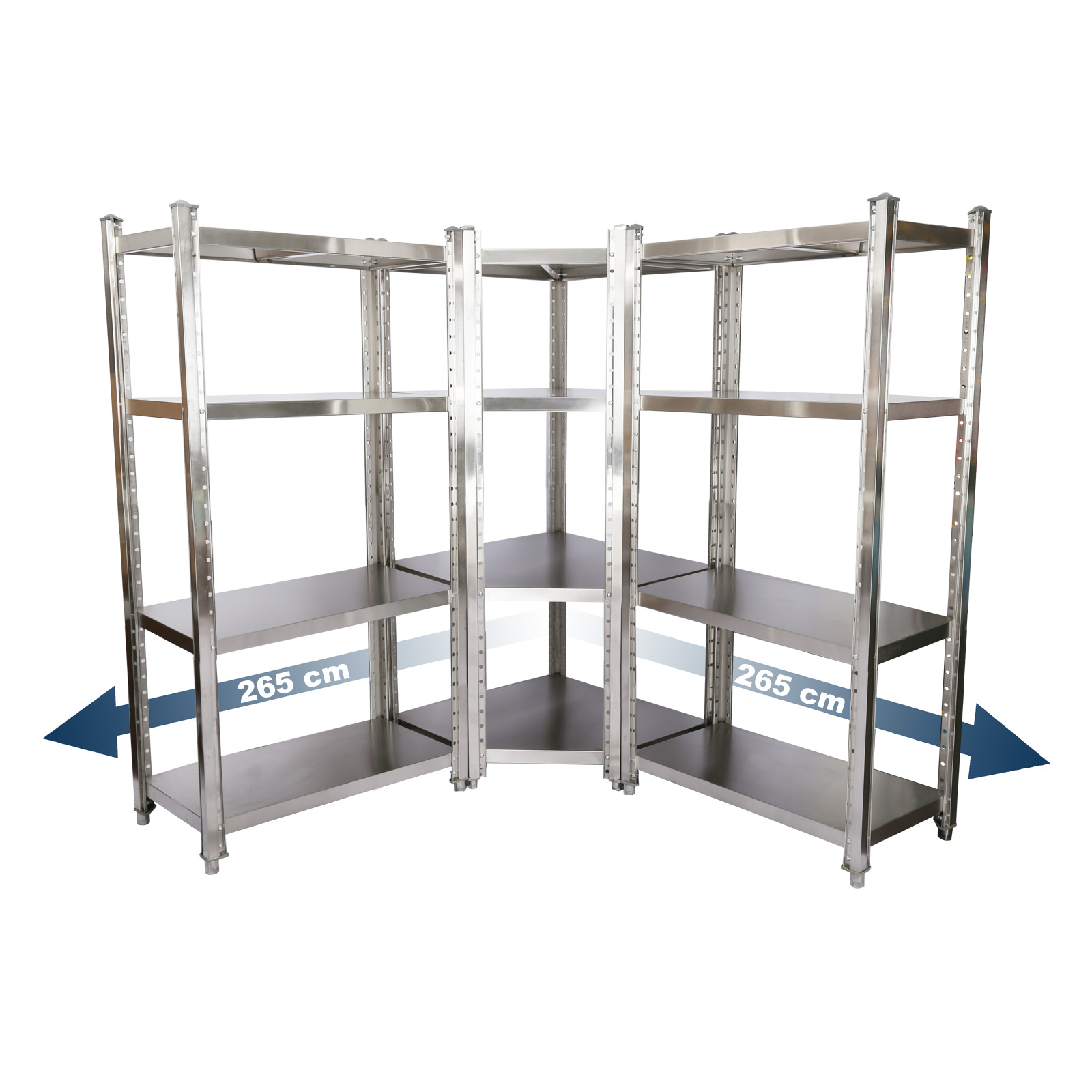 Sada rohových polic z nerezové oceli, 1 rohová a 2 police 150x50x155cm