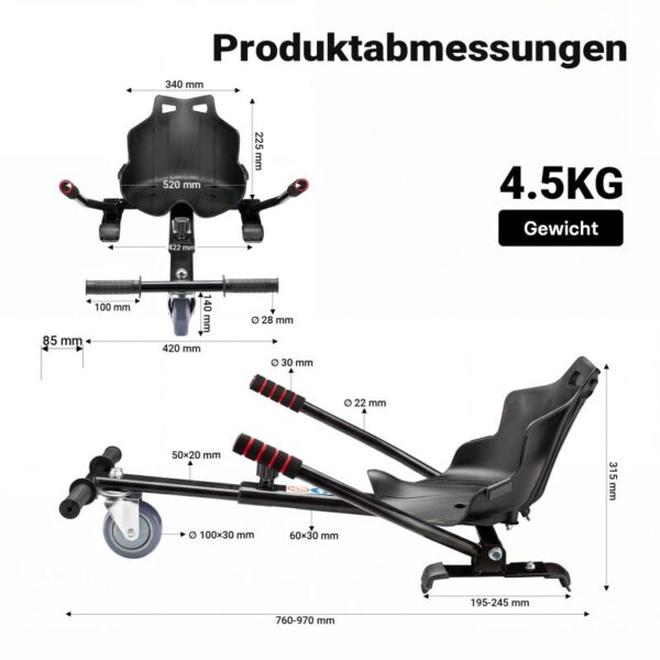 Sedačka na hoverboard černá, nastavitelný kartsitz do 120 kg