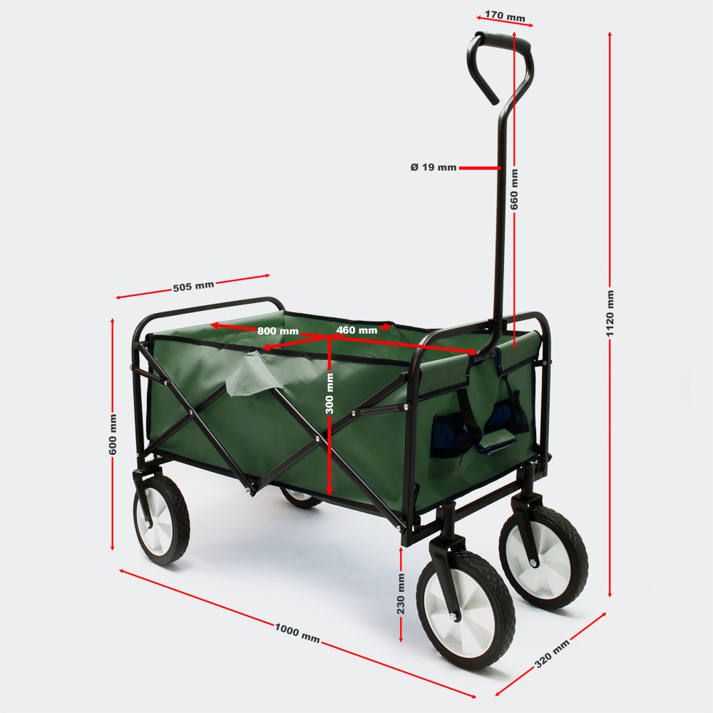 Skládací zelený ruční vozík s ložným prostorem 80 x 46 cm, použití v terénu - Obrázek 3