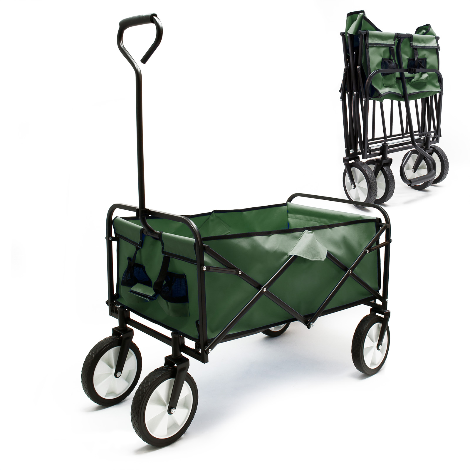Skládací zelený ruční vozík s ložným prostorem 80 x 46 cm, použití v terénu