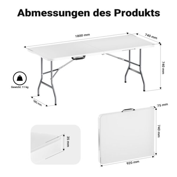 Skládací kempingový stůl 180 × 75 × 74 cm s šedou deskou a madlem