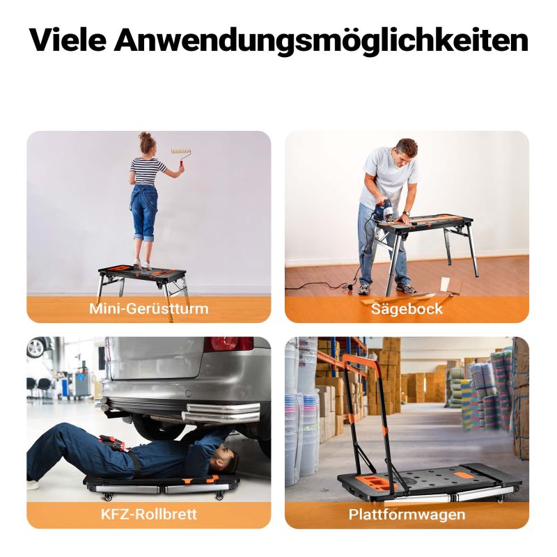 Pracovní stůl 7v1 108,5x55x52cm do max.250kg kombinuje kozu, lešení, pracovní plošinu, pojízdnou desku, přepravní vozík - Obrázek 3