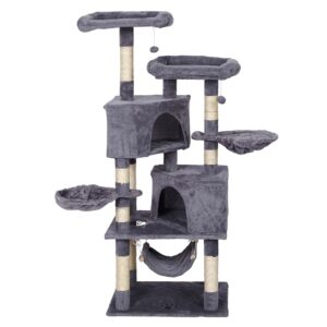 Škrabadlo pro kočky světle šedé s motivem tlapky 145 cm s houpací sítí, kočičími domečky a hracími míčky