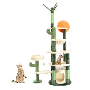 Škrabadlo pro kočky, kaktusově zelené, 172 cm vysoké, s kočičím domkem, houpací sítí a hracími míčky