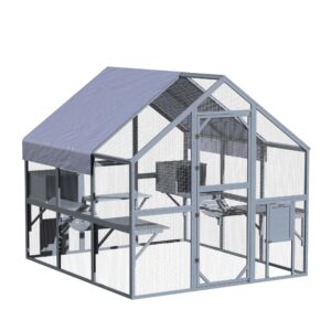 Venkovní kočičí výběh 210x187x187cm dřevěná klec, voděodolná stříška pro ochranu, kočičí výběh s více úrovněmi, ideální do zahrady, na balkon nebo terasu (Kopírovat)