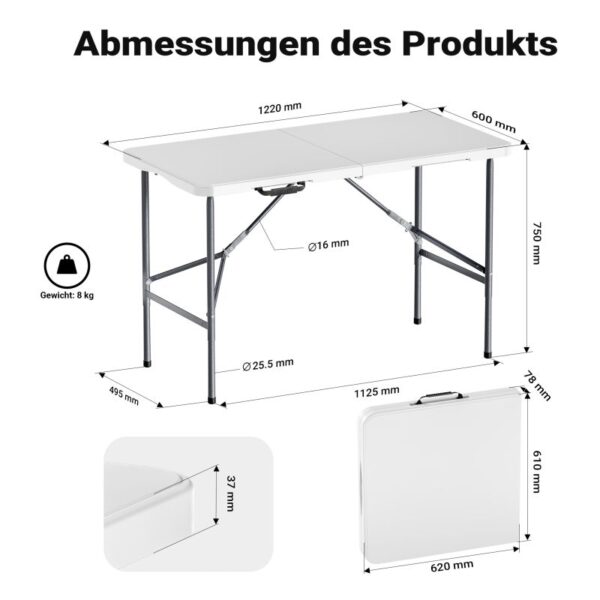 Skládací kempingový stůl 122 × 60 × 75 cm s bílou deskou a madlem