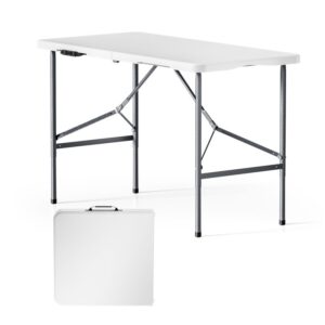 Skládací kempingový stůl 122 × 60 × 75 cm s bílou deskou a madlem
