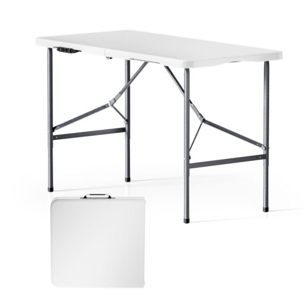 Skládací kempingový stůl 122 × 60 × 75 cm s bílou deskou a madlem