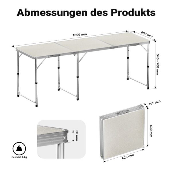 Výškově nastavitelný kempingový stůl 180 × 60 cm s bílou deskou