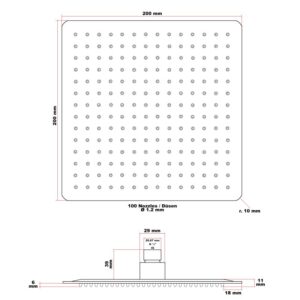 Čtvercová nerezová hlavová sprcha 20 × 20 cm se 100 tryskami